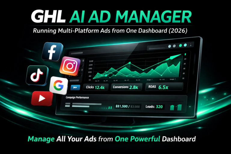 GHL AI Ad Manager: Running Multi-Platform Ads from One Dashboard (2026) please make featyrre image with black and 16BB96 this color scheme